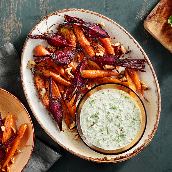 Yoghurt with Herbs and Garlic with Roasted Carrots and Beets